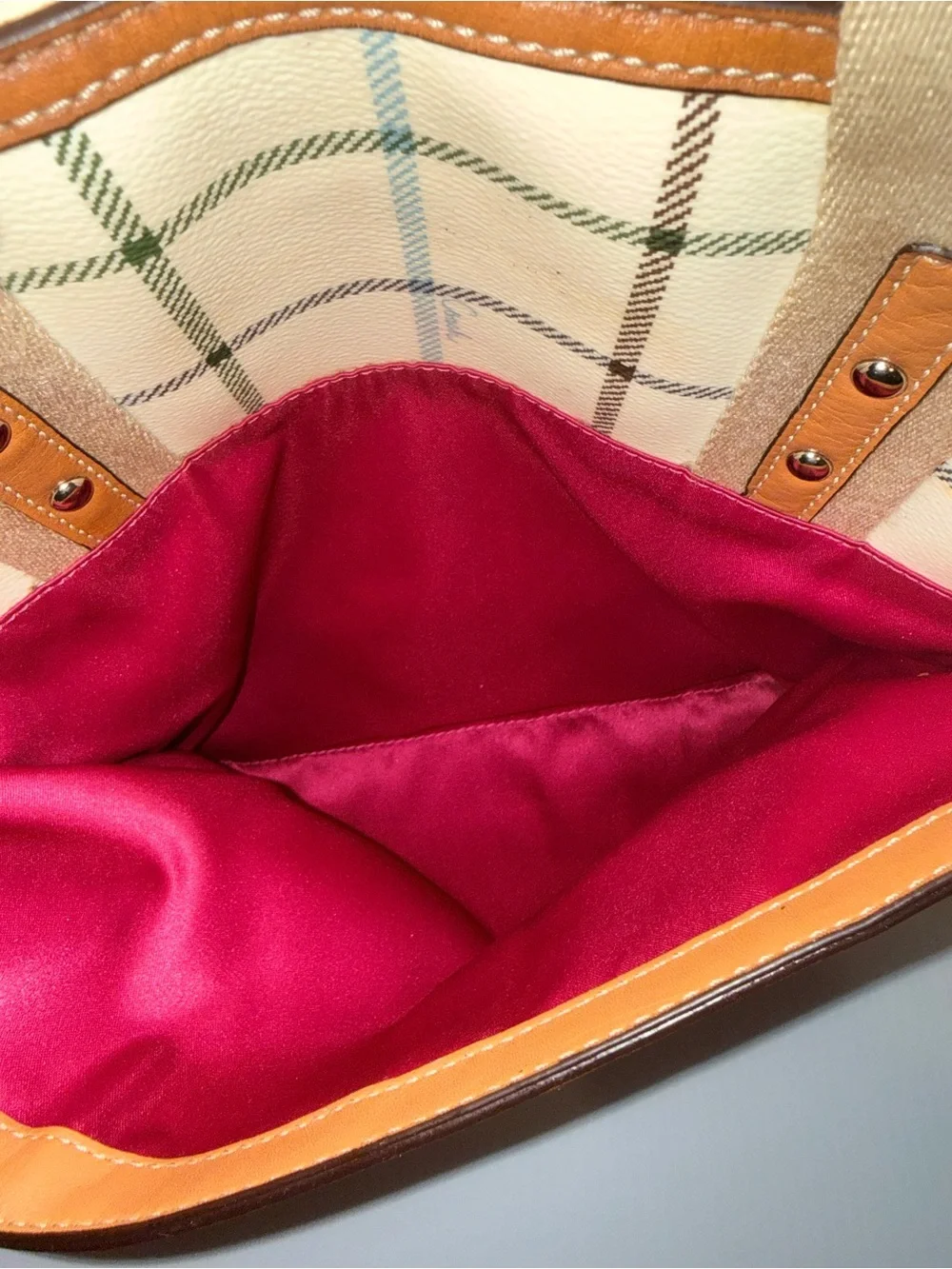 Coach White Plaid Canvas Tote with Pink Center Stripe